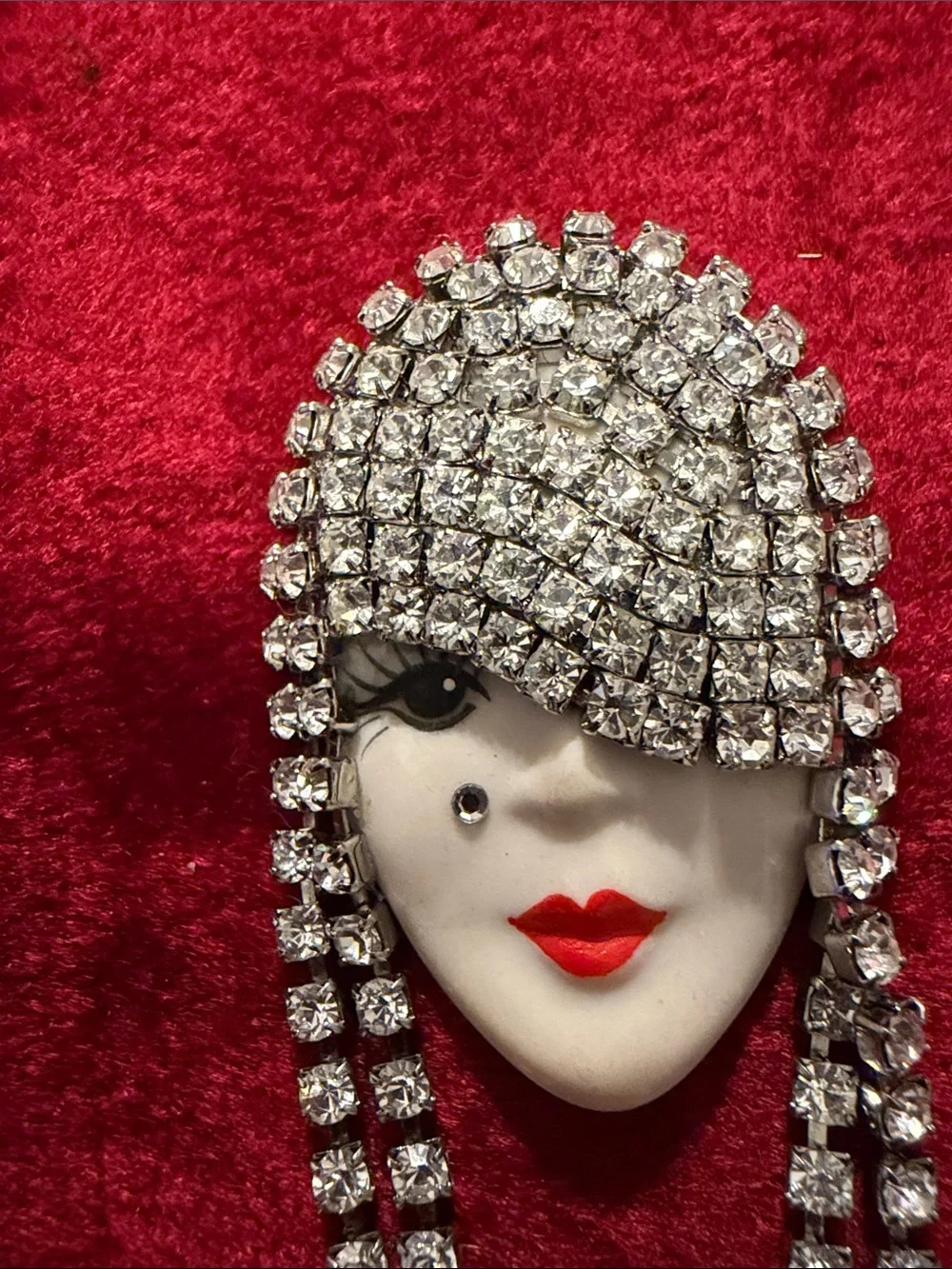 Vintage Norma E Flapper Brooch wRed Lips rare mint condition signed porcelain